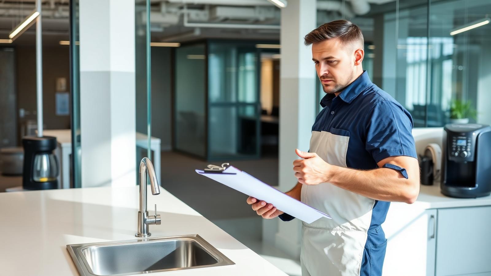Pest control technician inspecting a Sutherland Shire office kitchenette for cockroaches, ants and rodents